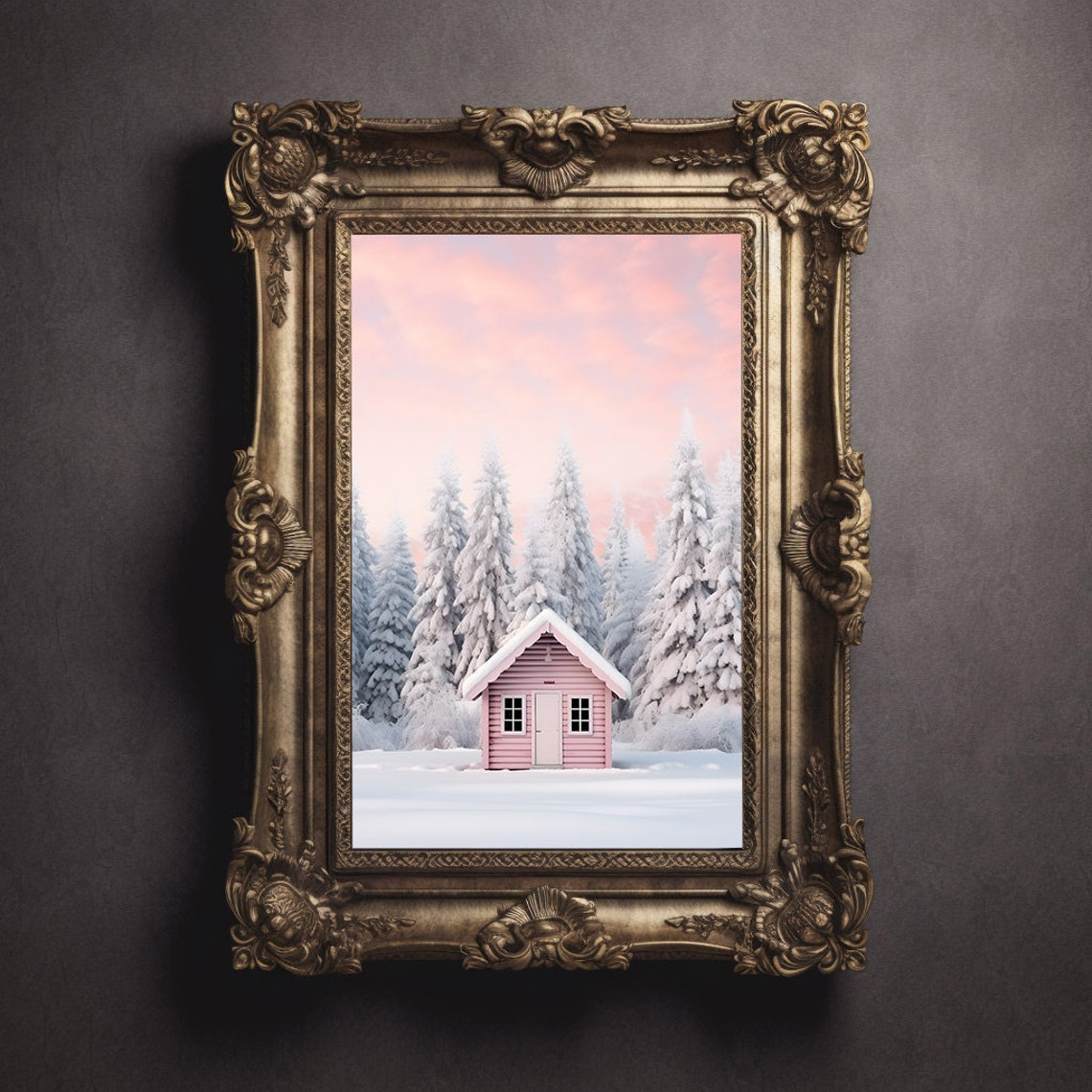 Pink Cabin In Snowy Forest Under Rosy Sunset Sky Winter Poster - Image 3