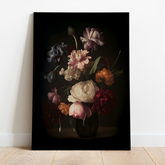 Moody Flowers Art Dark Floral Vintage Art Still Life Oil Painting Dark Academia Print Antique Print
