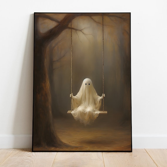 Cute Ghost On Swing Autumn Forest Whimsical Halloween Poster