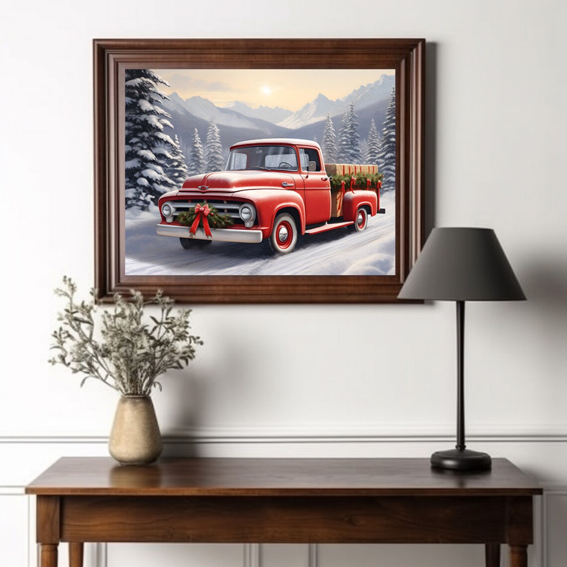 Vintage Red Ford Pickup Truck With Christmas Wreath And Garland Poster - Image 2