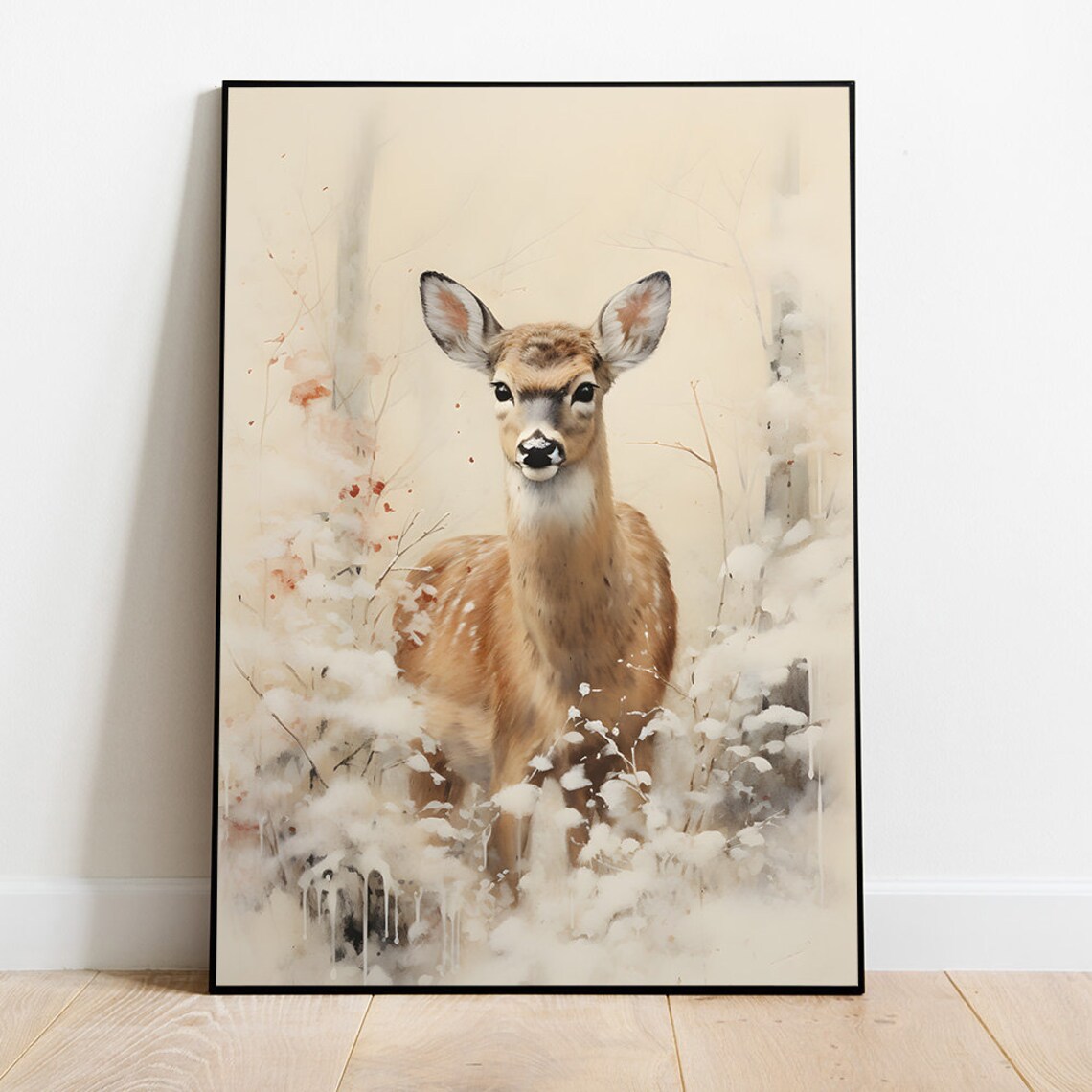 Young Deer Standing In Soft Snowy Woodland Watercolor Poster