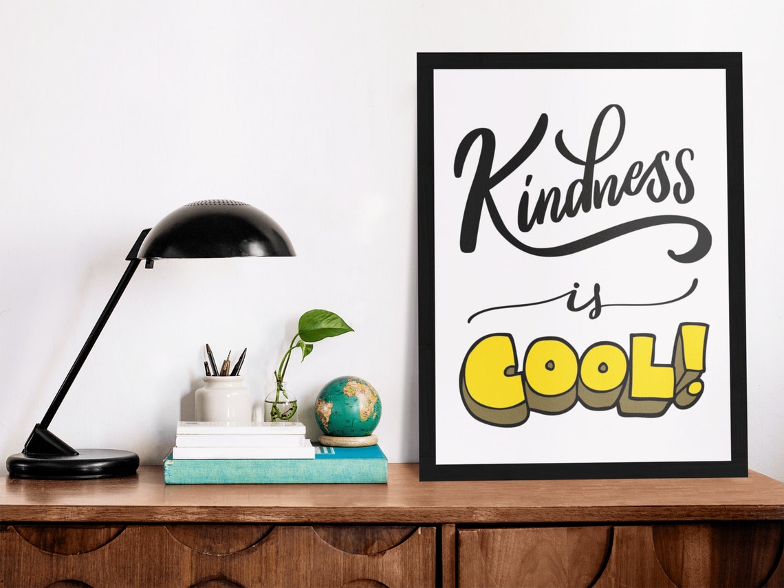 Kindness Is Cool Script Bubble Letter Yellow Kids Room Poster