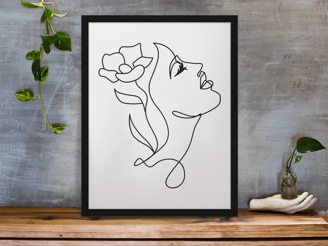 Woman Face One Line Drawing Flower Minimalist Floral Art Poster
