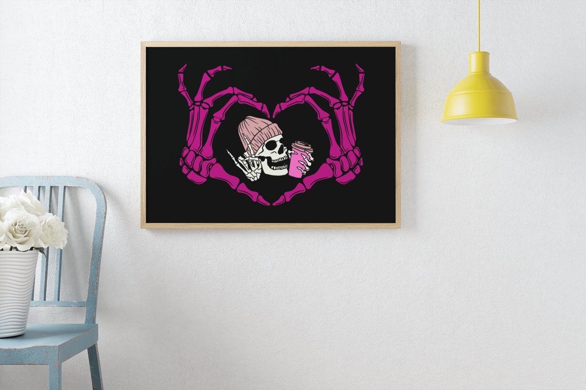 Pink Skeleton Hands Heart Skull Coffee Halloween Gothic Poster - Image 5