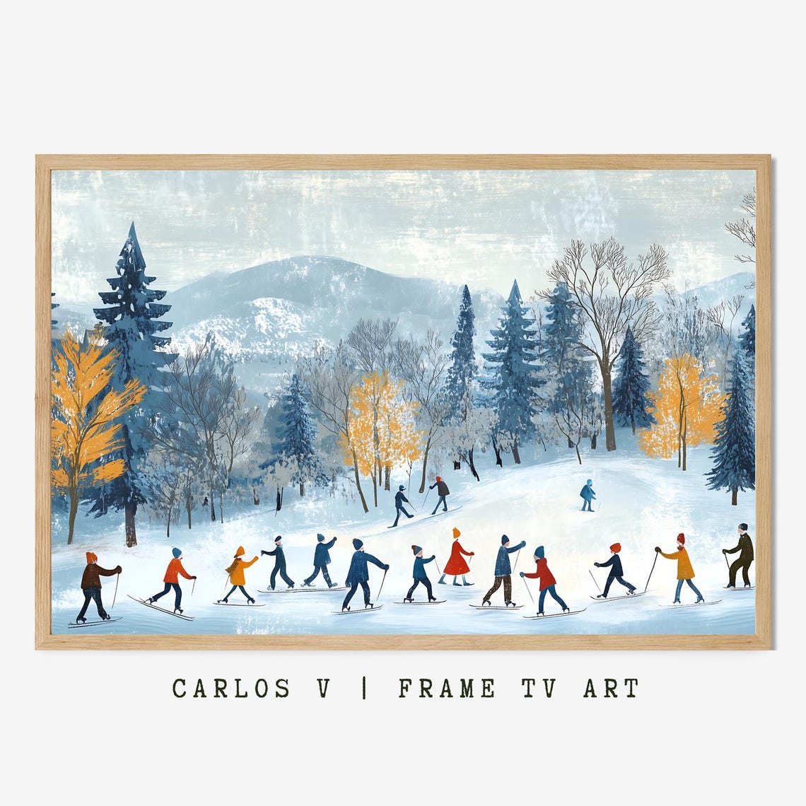 Folk Group Cross Country Skiing Winter Woods Illustration Poster