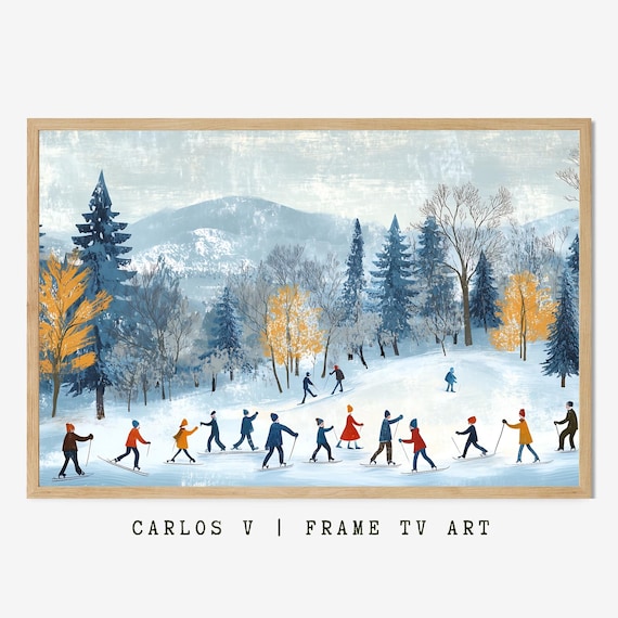 Folk Group Cross Country Skiing Winter Woods Illustration Poster