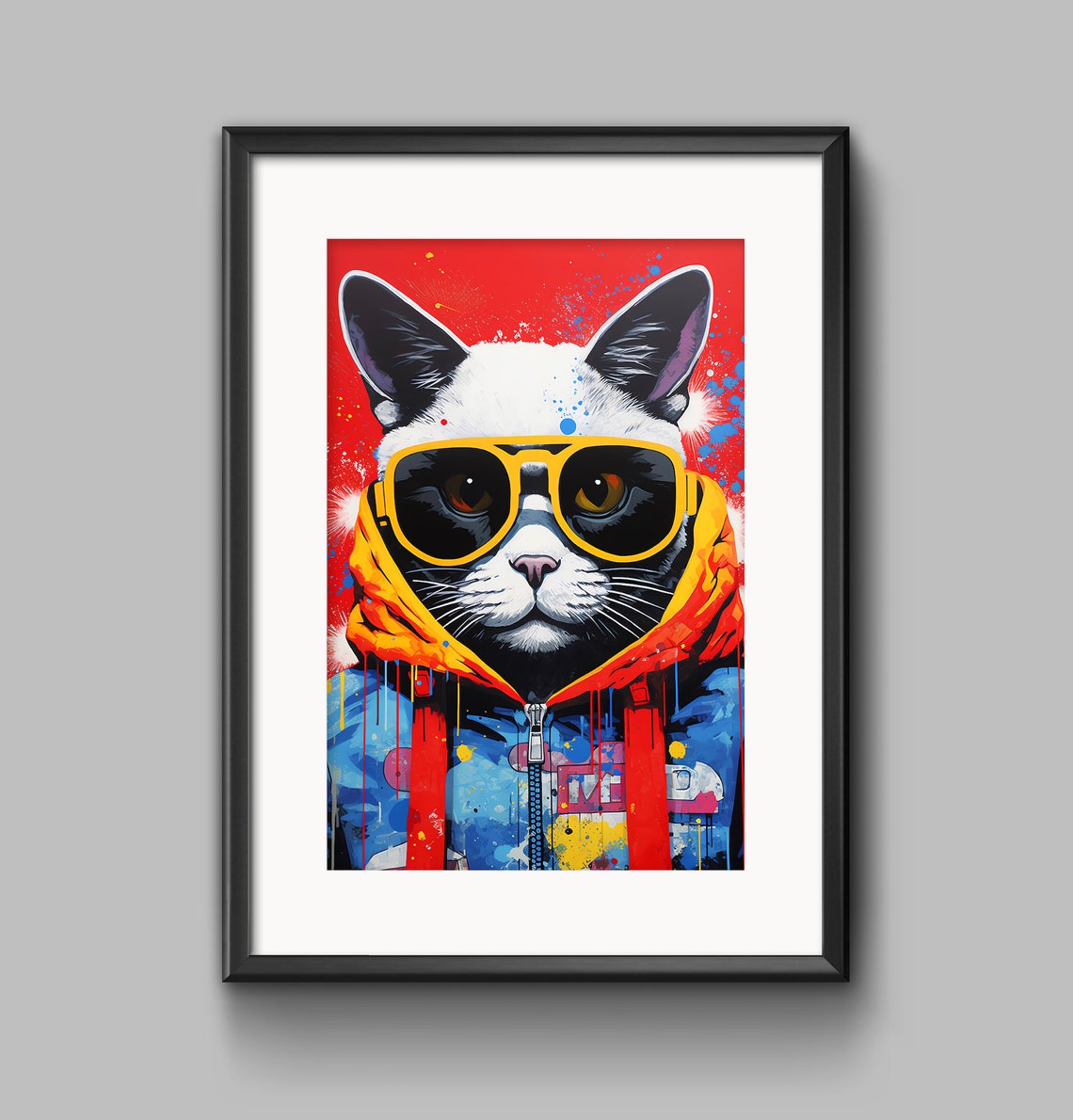 Bold Pop Art Cat in Yellow Sunglasses and a Colorful Jacket Poster - Image 2