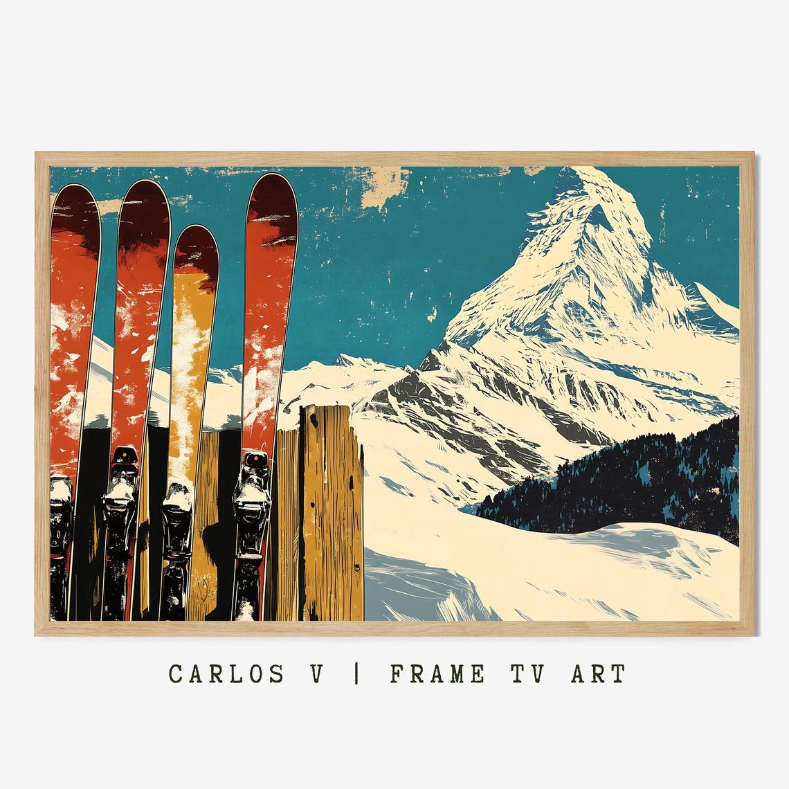 Vintage Red Skis Leaning Against Post Before Snowy Peak Poster
