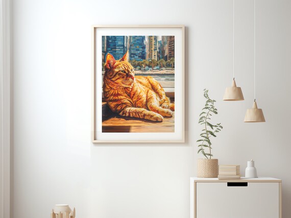 Orange Tabby Cat Lounging on a Sunlit City Window Sill Poster