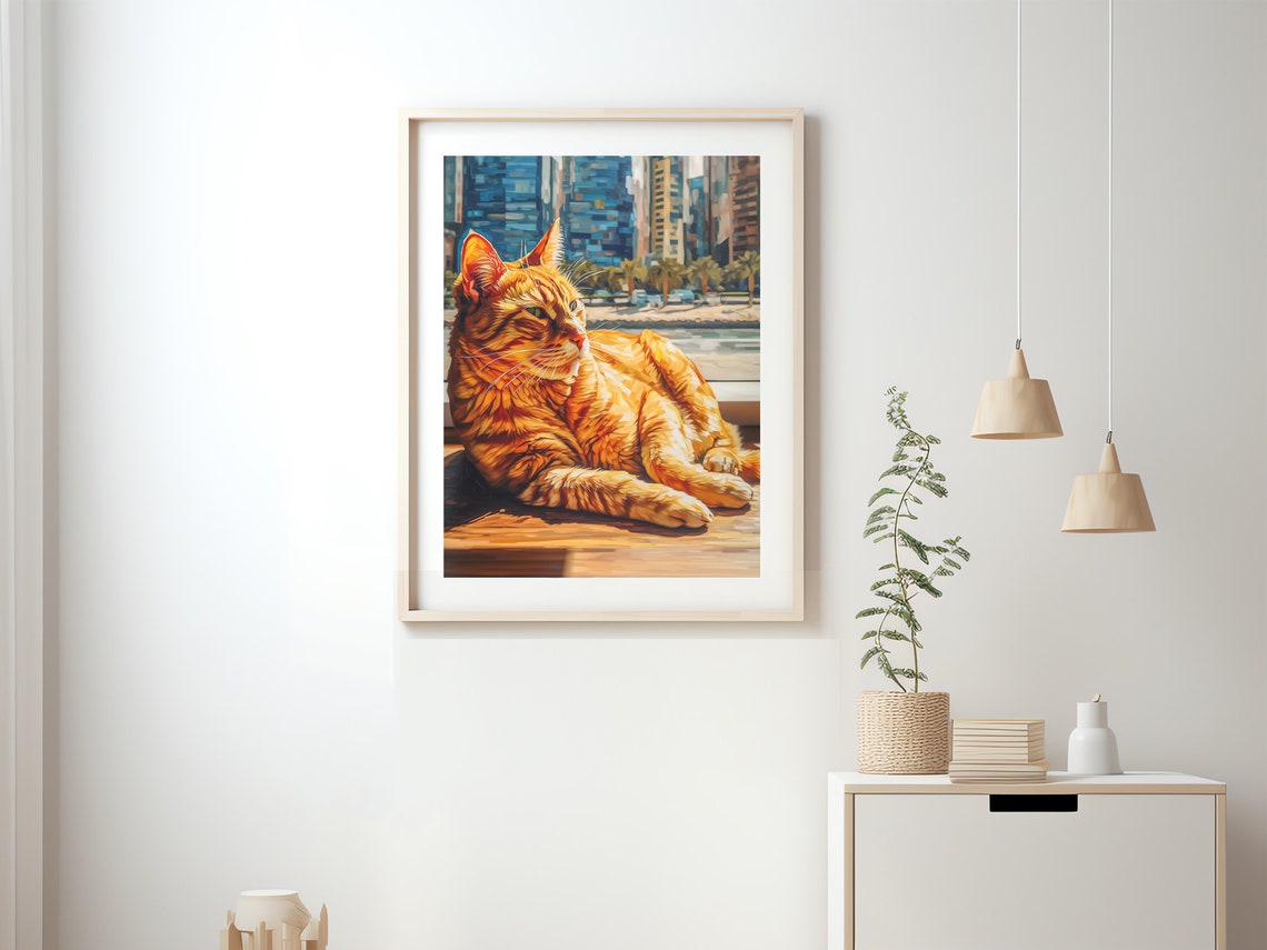 Orange Tabby Cat Lounging on a Sunlit City Window Sill Poster