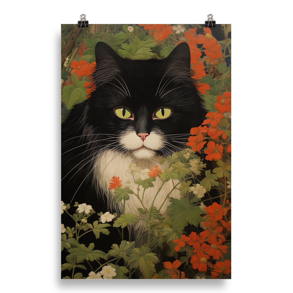 Black and White Tuxedo Cat Among Bright Red Garden Flowers Poster - Image 2