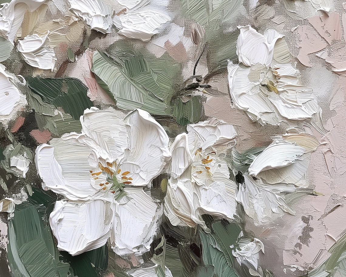 White Blossom Impasto Floral Oil Painting Frame TV Art Poster - Image 2