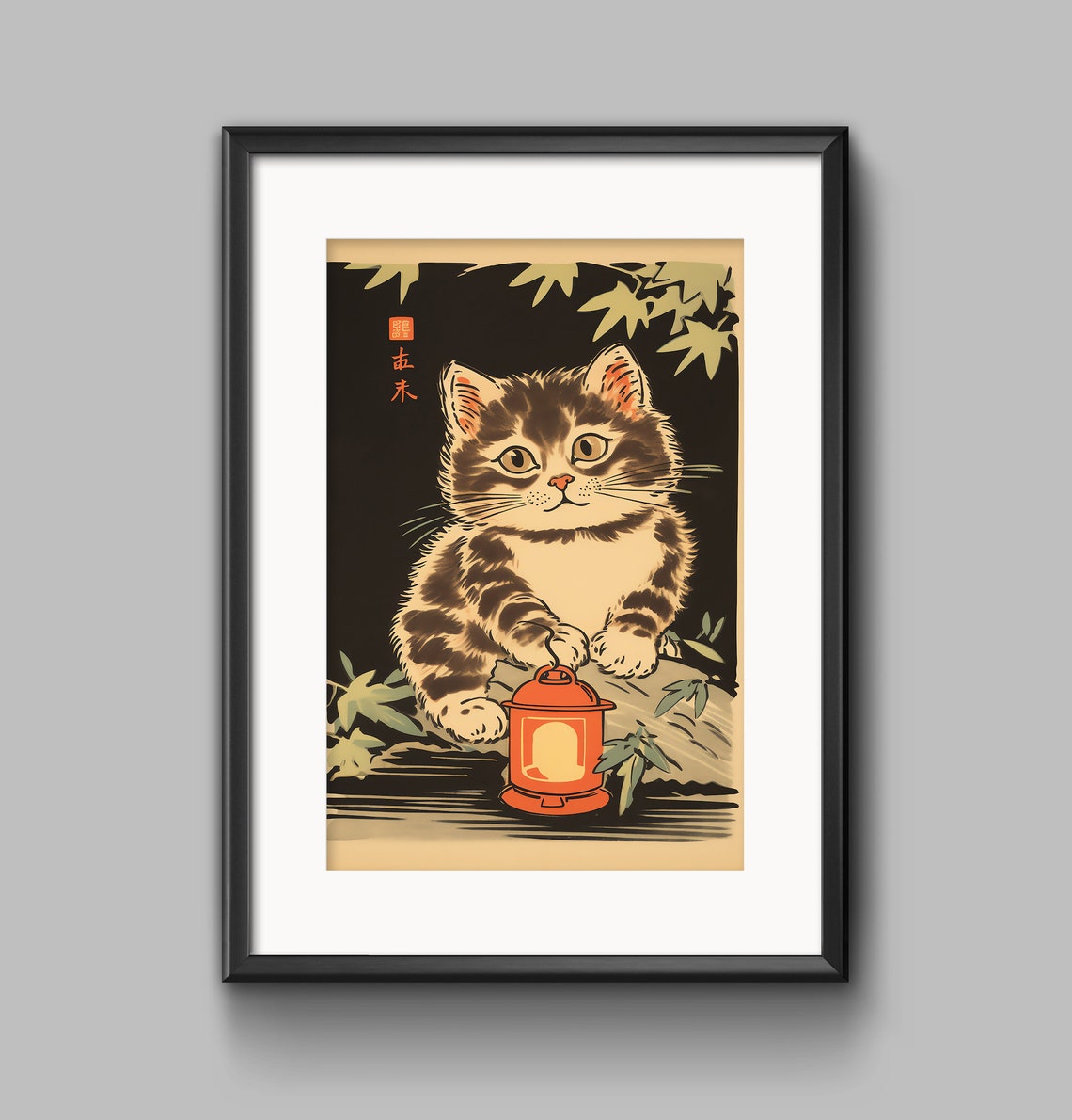 Japanese Kitten With Red Lantern in Vintage Ukiyo E Style Poster - Image 2
