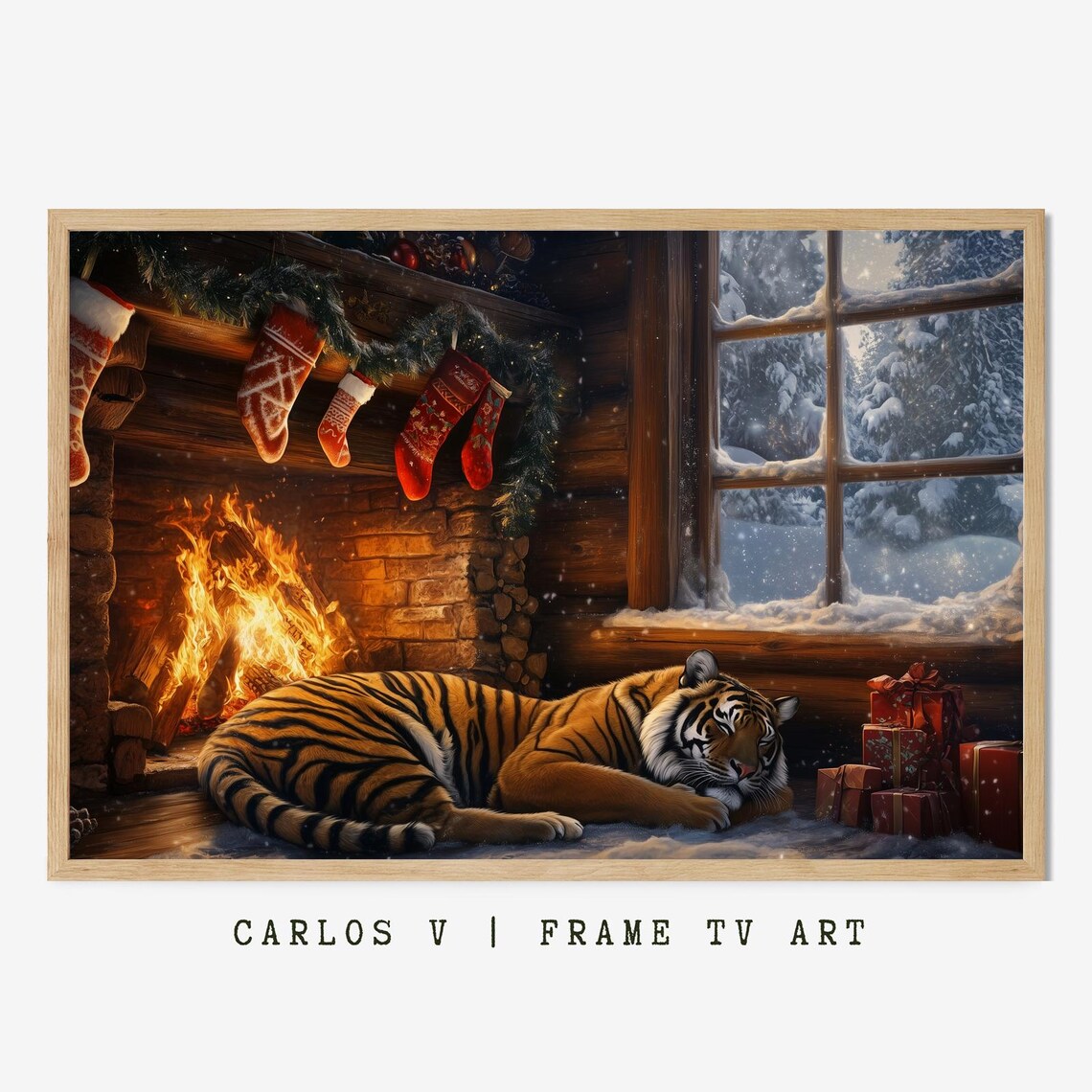 Sleeping Tiger by Lit Fireplace Cozy Christmas Cabin Holiday Art Poster
