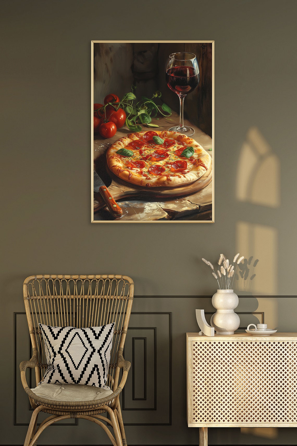 Pepperoni Pizza and Red Wine Rustic Italian Still Life Poster - Image 2