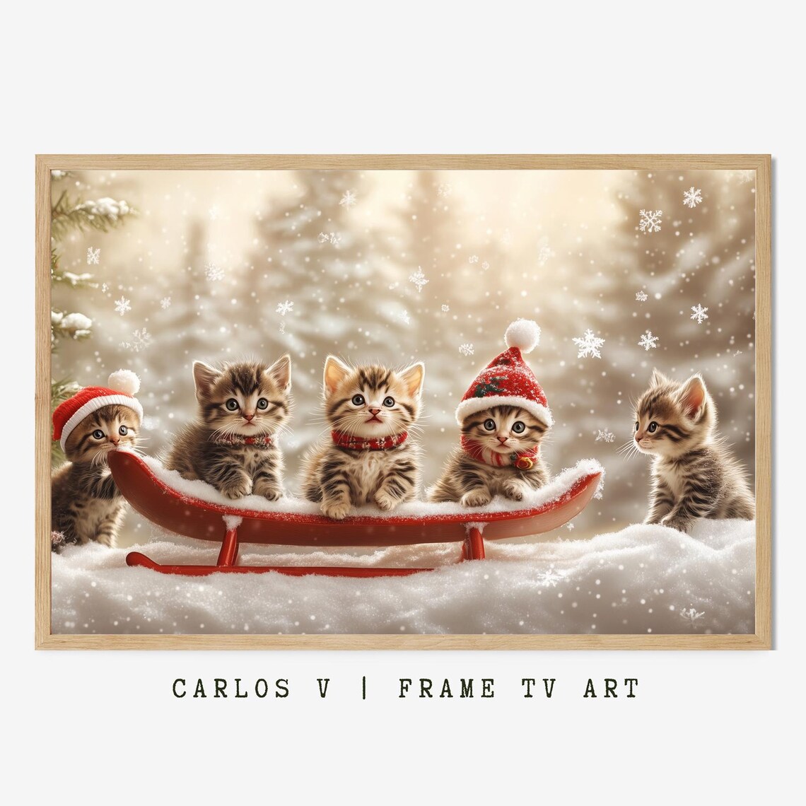 Christmas Kittens In Snowy Scene, Winter Cat Illustration