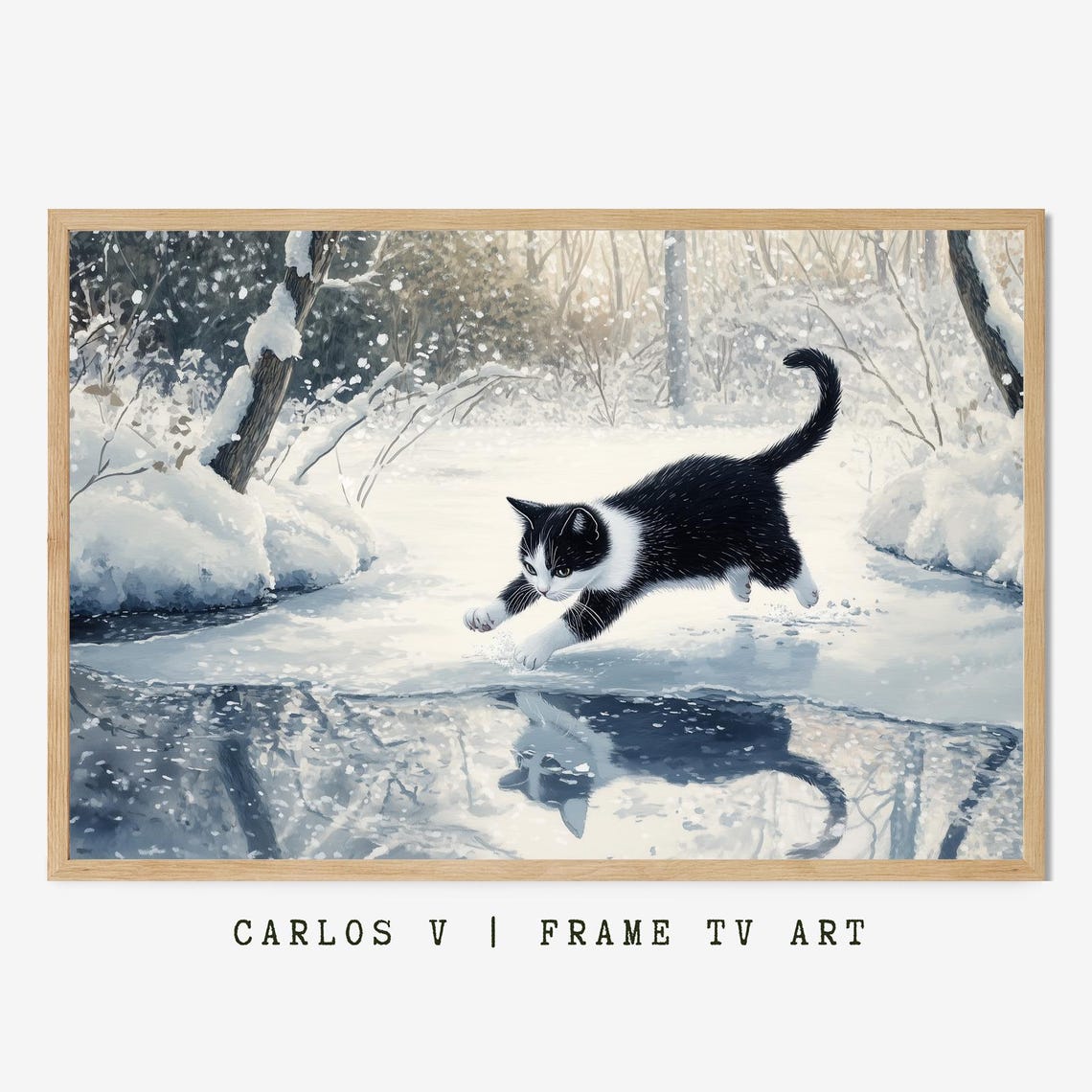Playful Tuxedo Cat Sliding On A Frozen Pond In The Snowy Woods Poster