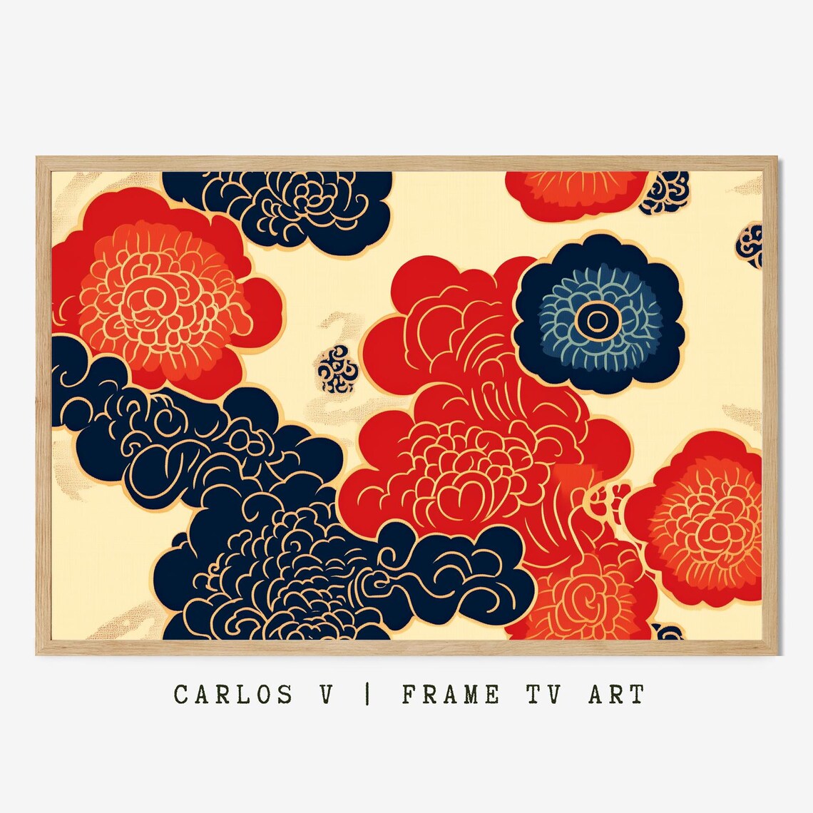 Red and Indigo Japanese Peony Blossoms Traditional Floral Art Poster