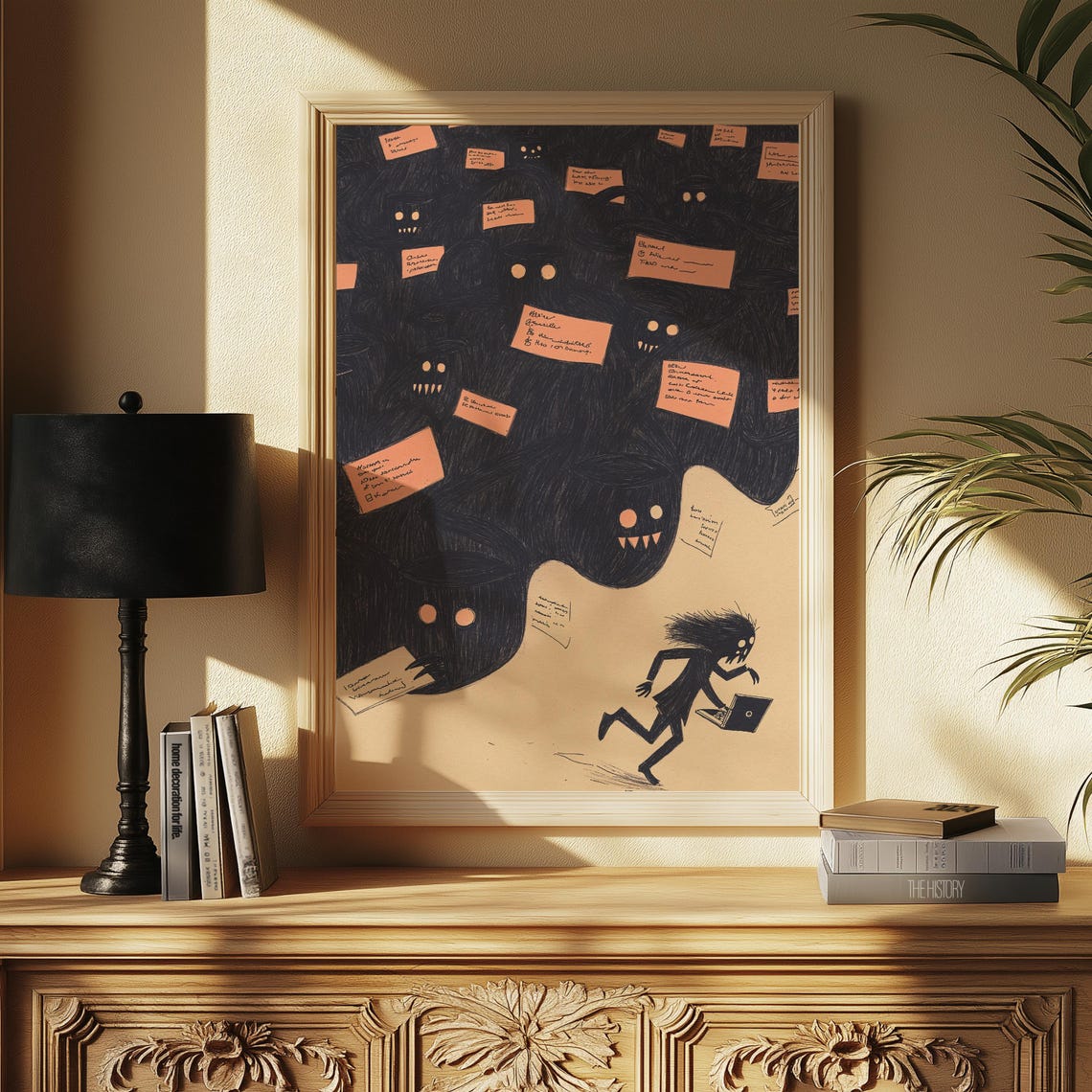Overwhelmed Work Anxiety Monster Swarm Funny Laptop Runner Art Poster