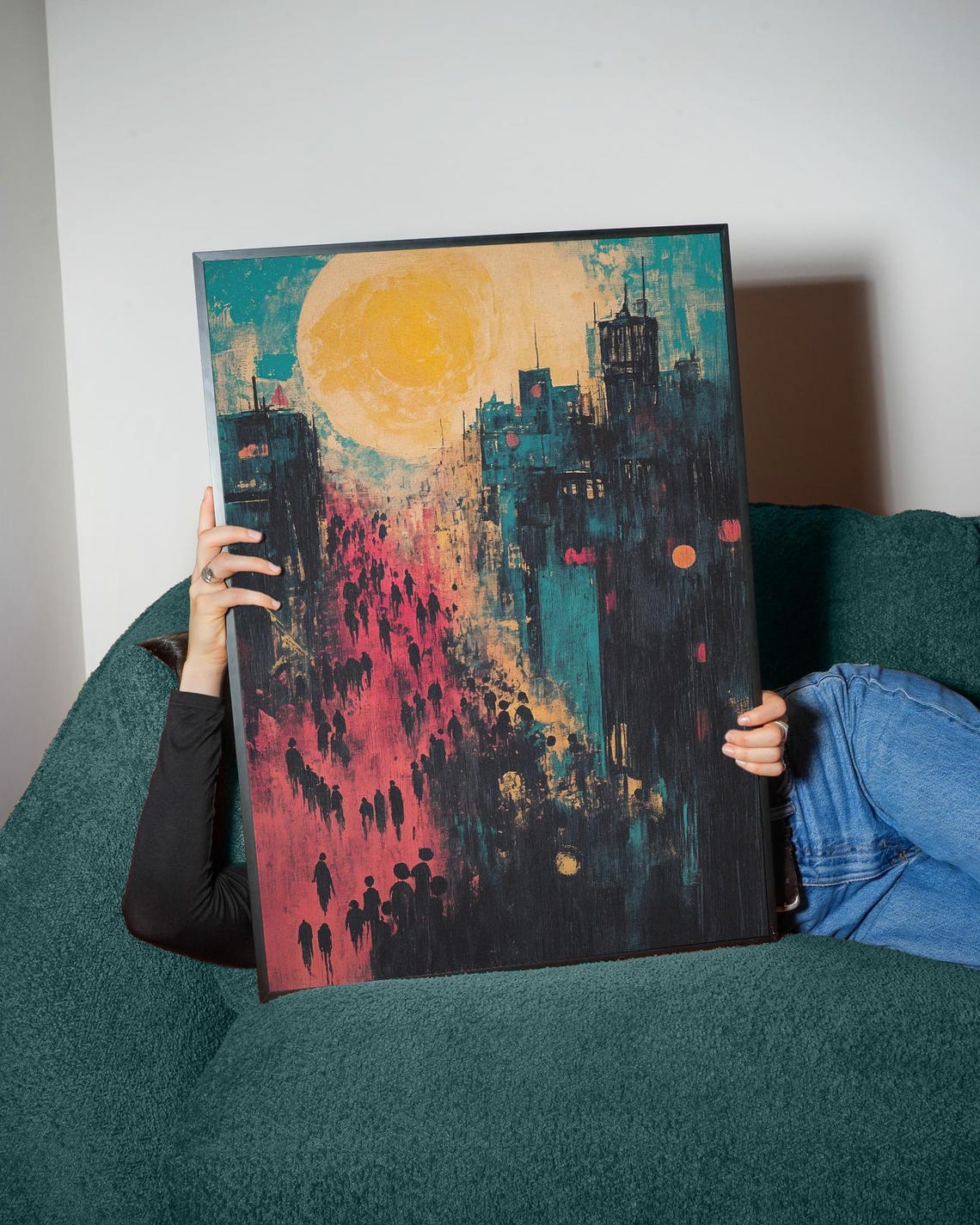 Golden Sun Urban Dusk Abstract City Crowd Moody Expressionist Poster