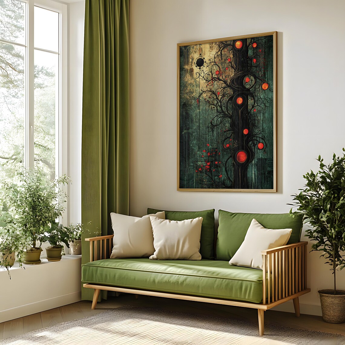 Enchanted Dark Tree Glowing Red Orbs Mystical Forest Fantasy Art Poster - Image 5