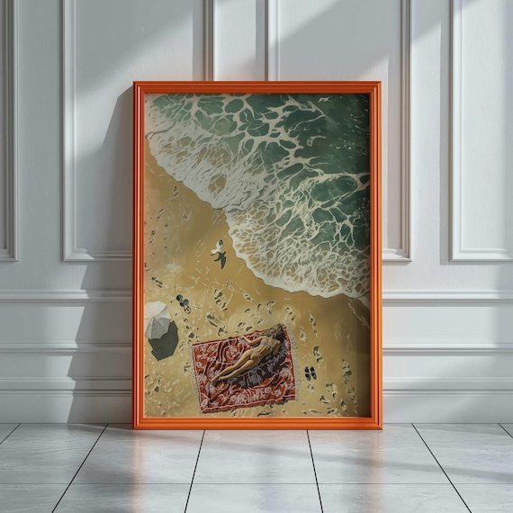 Aerial Beach Sunbather Red Blanket Turquoise Waves Golden Sand Coastal Wall Art