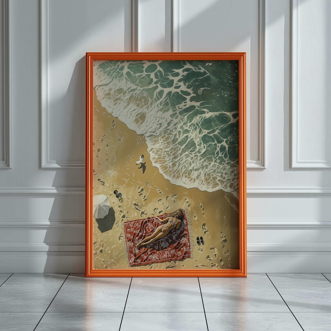 Aerial Beach Sunbather Red Blanket Turquoise Waves Golden Sand Coastal Wall Art