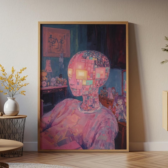 Pixel Mosaic Portrait Glowing Cubes Neon Cyber Dream Person Poster