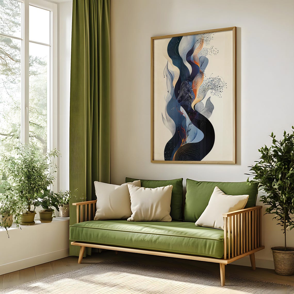 Boho Flow Abstract Blue Ribbon Cream Minimal Modern Wave Art Poster - Image 4