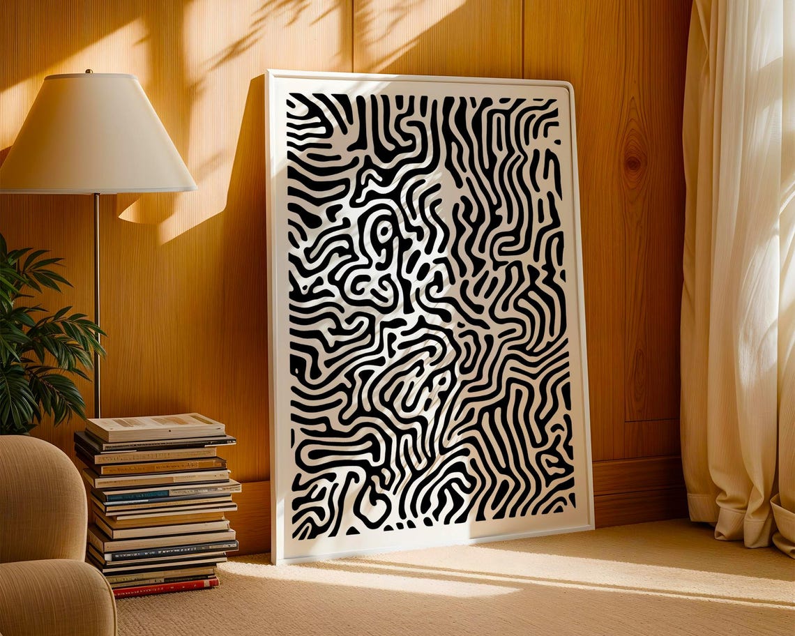 Bold Black and White Abstract Maze Labyrinth Line Art Poster - Image 2
