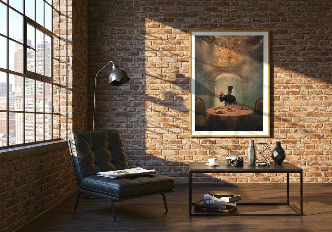 Chef Serving Candlelit Feast Chandelier Dreamy Dining Room Art Poster - Image 2