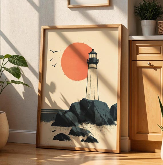 Minimalist Lighthouse Print Coastal Wall Art Nautical Vintage Beach Poster Modern Seaside Decor