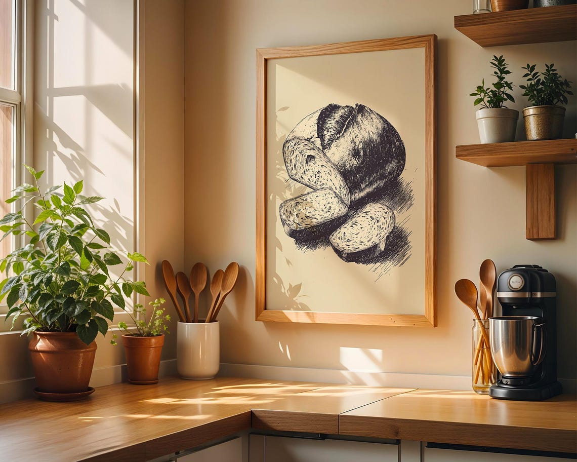 Vintage Bread Loaf Pencil Sketch Rustic Farmhouse Kitchen Art Poster - Image 5