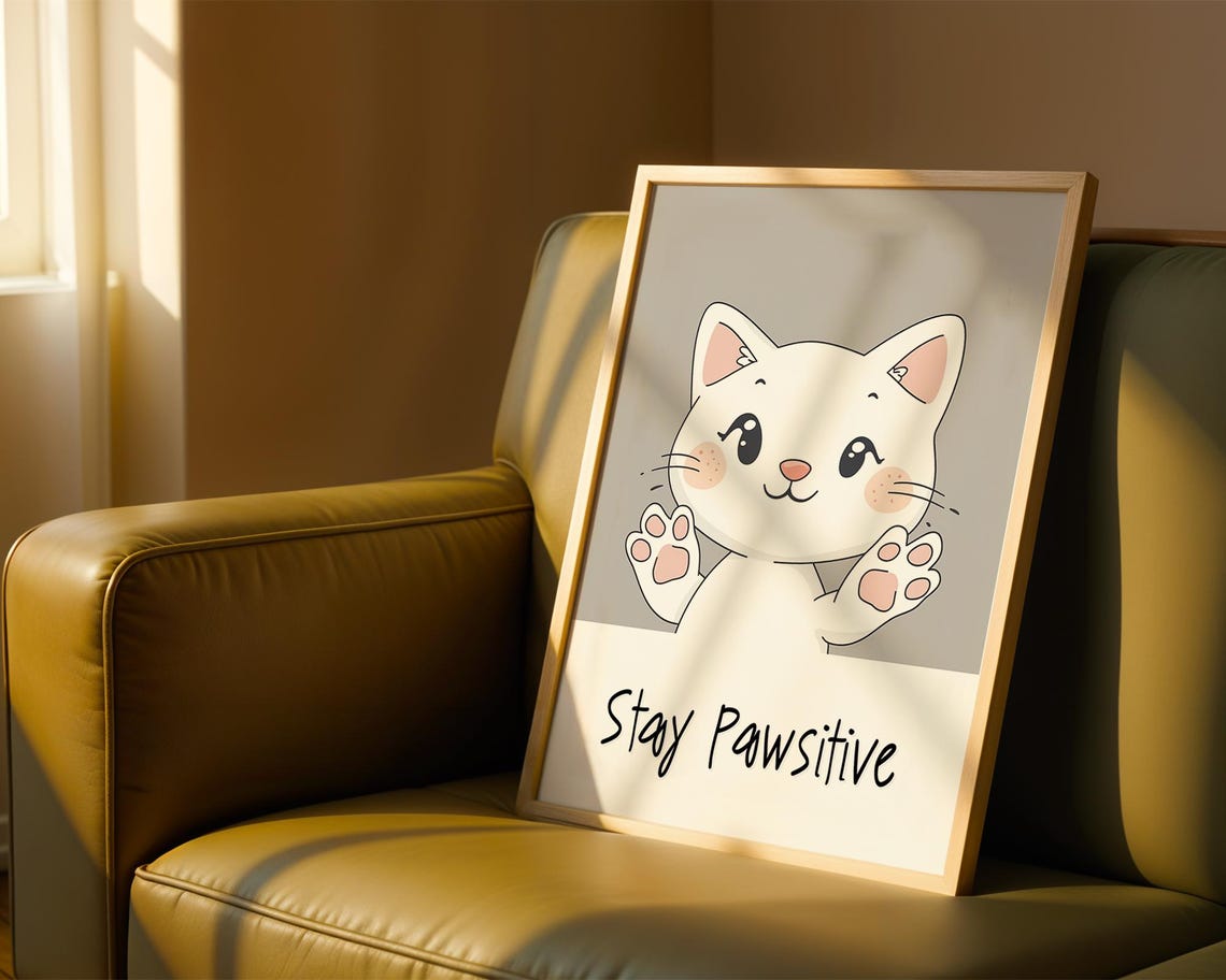 Stay Pawsitive Art Print Cute Cat Motivational Poster Kawaii Animal Wall Whimsical Nursery Office Decor - Image 3