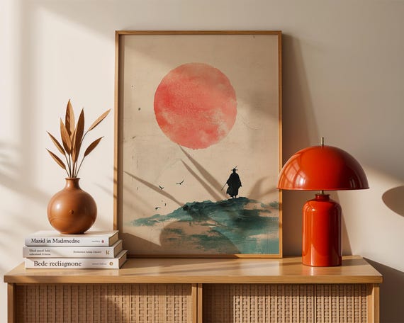 Samurai Red Sun Art Print Japanese Ink Wash Wall Minimalist Warrior Poster Zen Home Office Decor