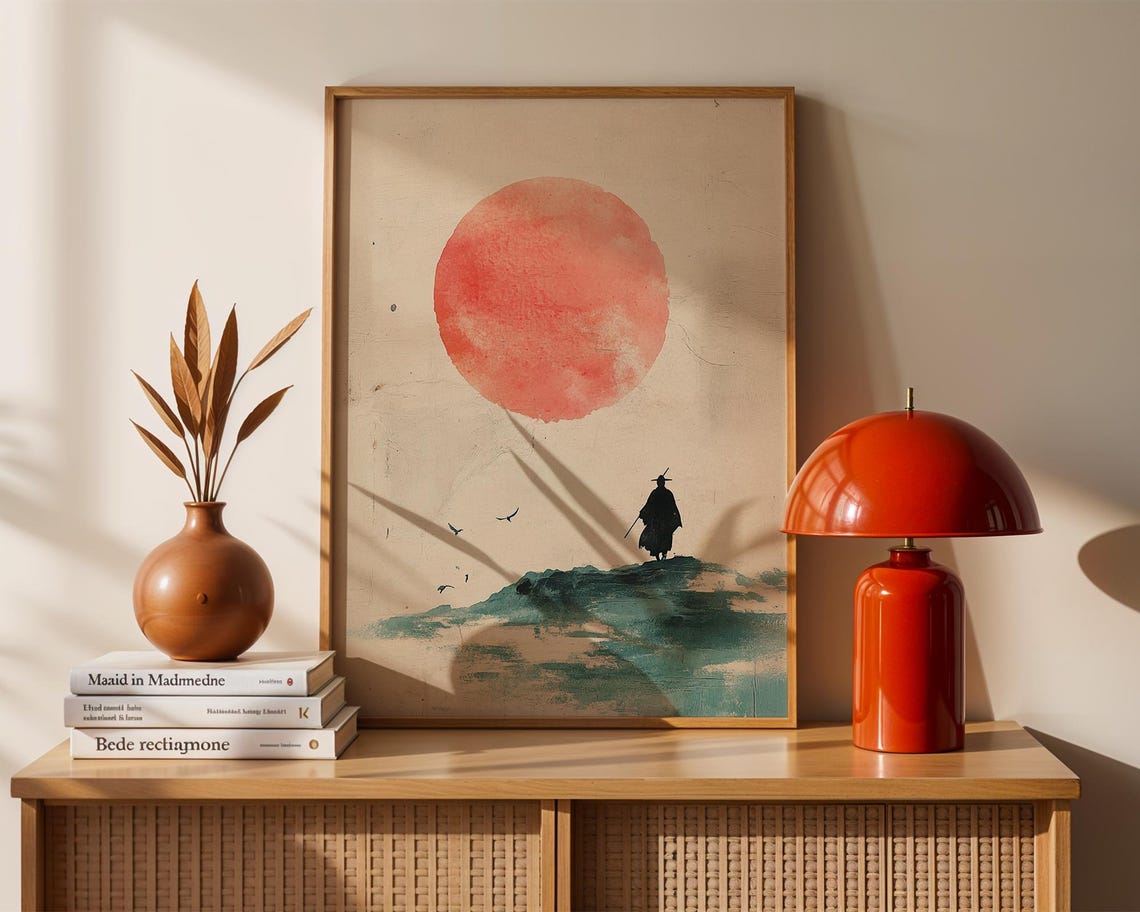 Red Sun Lonely Traveler Art Print Minimalist Japanese Silhouette
