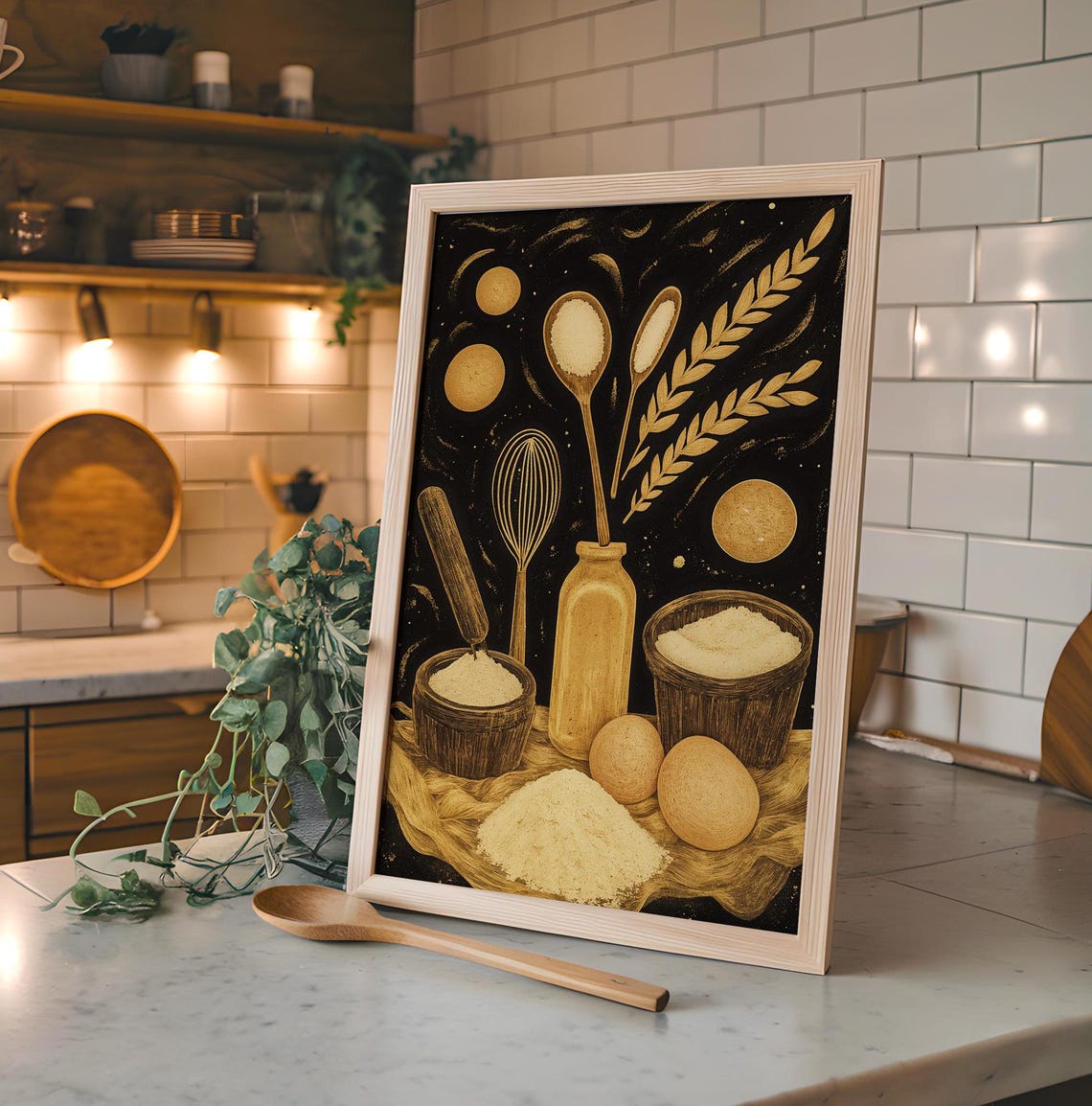 Golden Wheat Flour Baking Still Life on Black Kitchen Art Poster