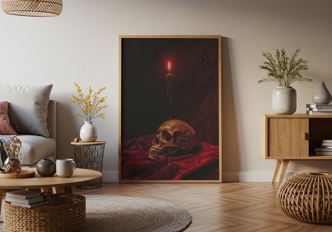 Gothic Skull with Burning Candle on Dark Red Velvet Memento Mori Poster - Image 5