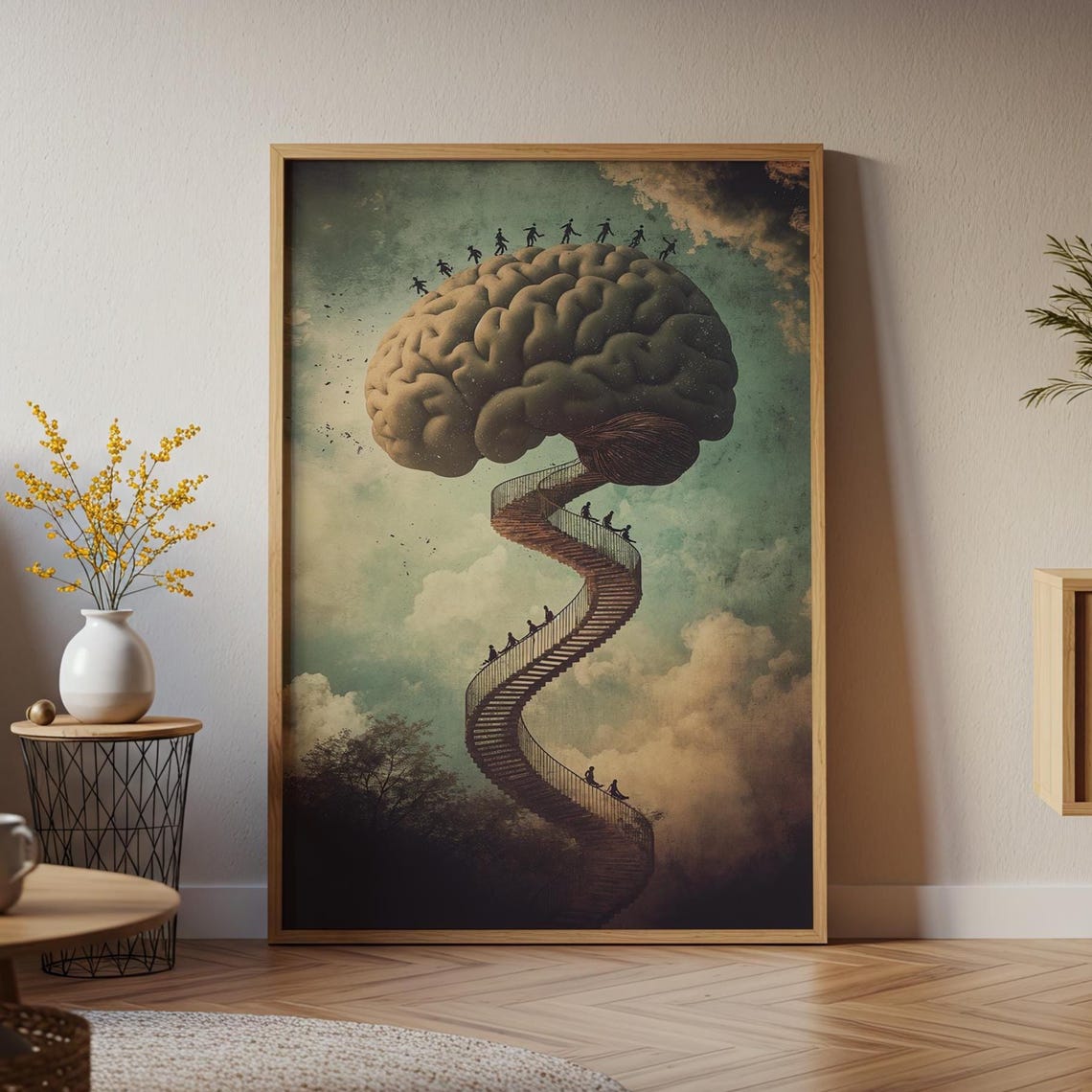 Brain Spiral Staircase Tiny Climbers Surreal Mind Journey Art Poster
