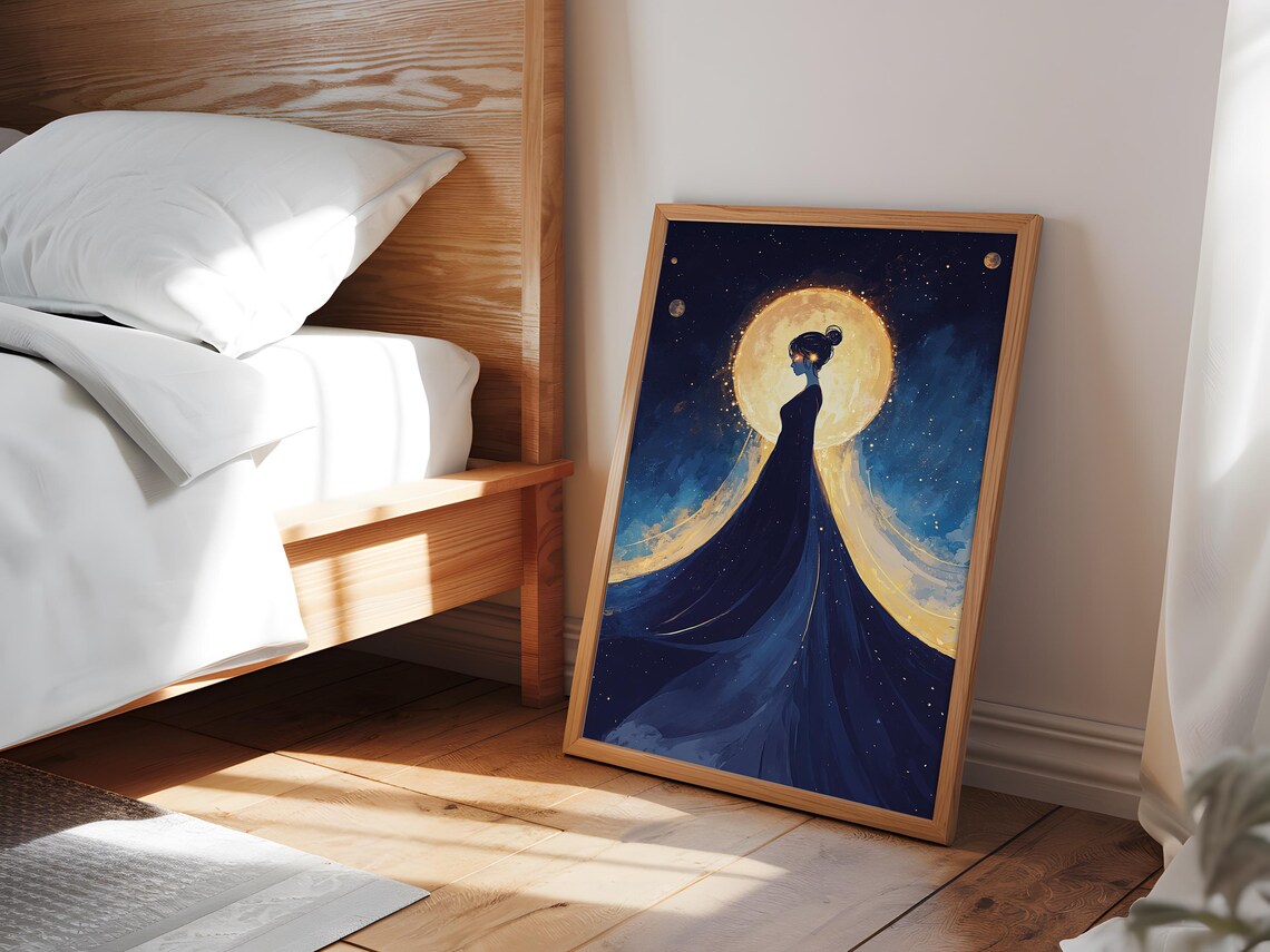 Woman Silhouette Golden Full Moon Flowing Starry Gown Dream Poster - Image 3