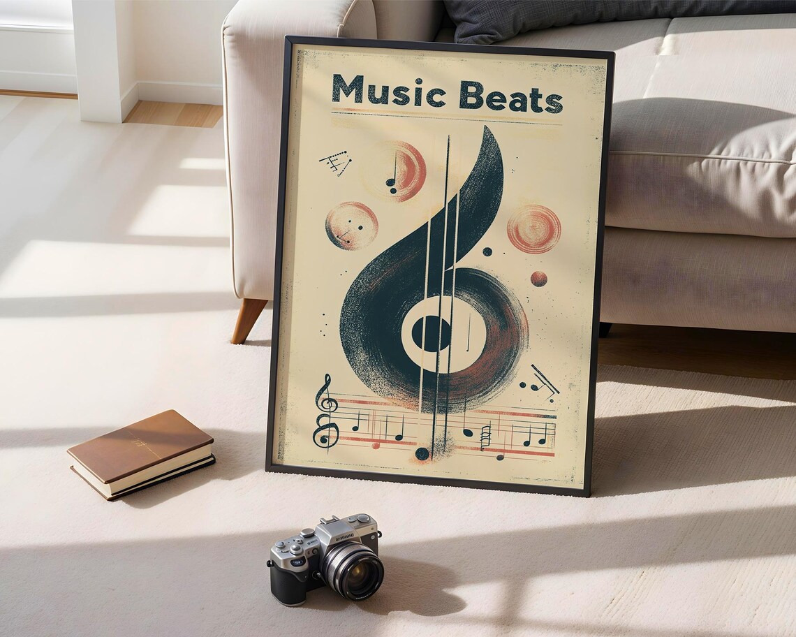 Music Beats Vintage Treble Clef Guitar Strings Notes Illustration Poster - Image 2