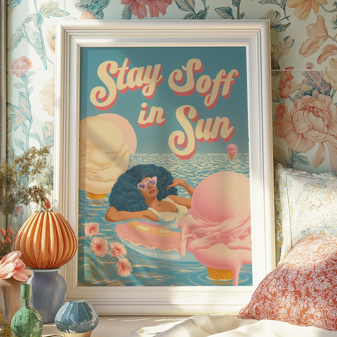 Retro Summer Art Print Stay Soft In Sun Poster Playful Afro Girl Wall