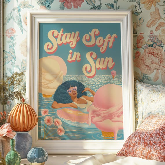Retro Summer Art Print Stay Soft In Sun Poster Playful Afro Girl Wall