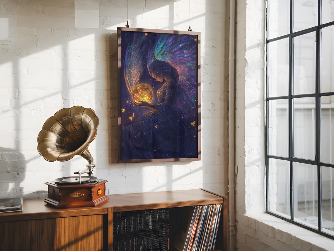 Angel Holding Glowing Moon Iridescent Wings Celestial Fantasy Poster - Image 2