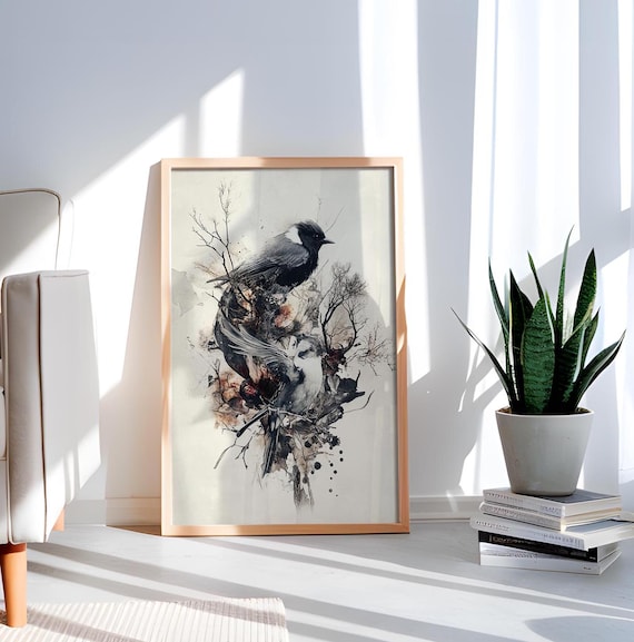 Black Bird Watercolor Bare Branches Dark Nature Minimal Art Poster