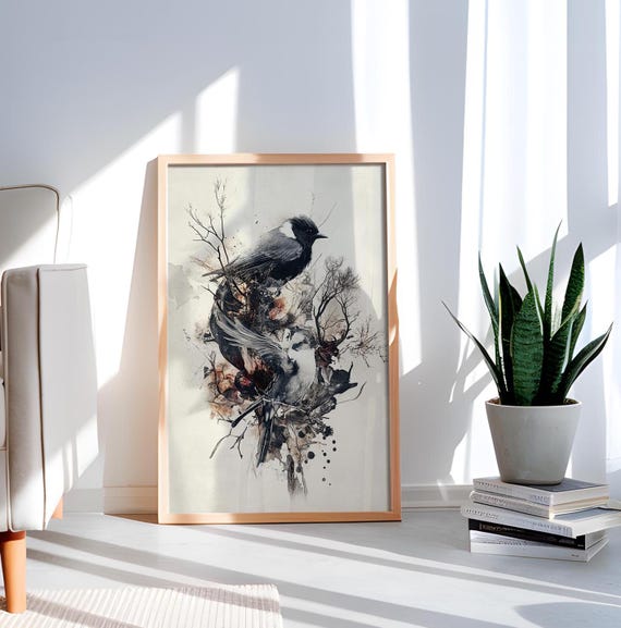 Mystical Birds Art Print Dark Nature Wildlife Gothic Minimalist Wall Decor