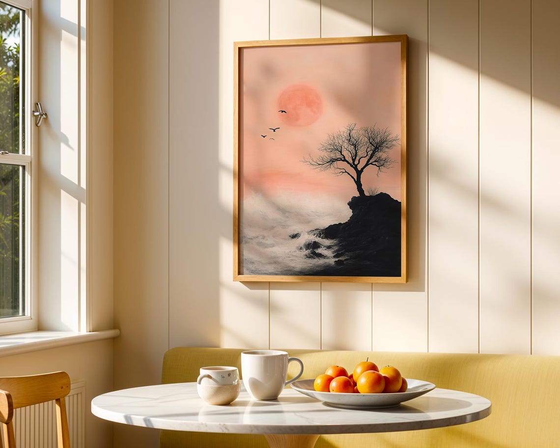Lone Bare Tree Pink Moon Birds Dreamy Night Landscape Wall Poster - Image 4