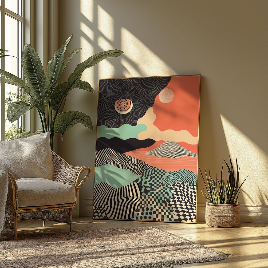 Abstract Patterned Hills Terracotta Sun Boho Landscape Poster - Image 3