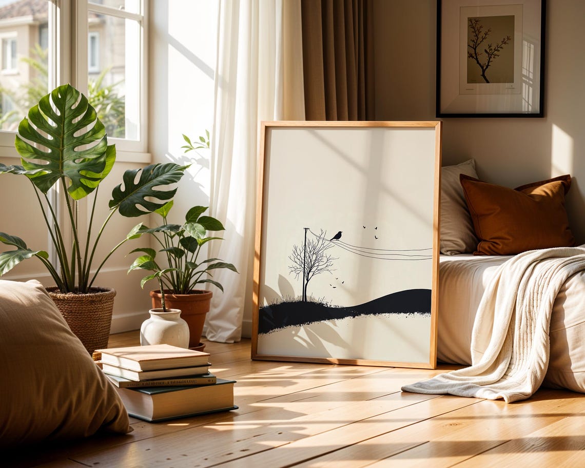 Bird on Wire Minimalist Ink Tree Landscape Black Wall Poster - Image 5