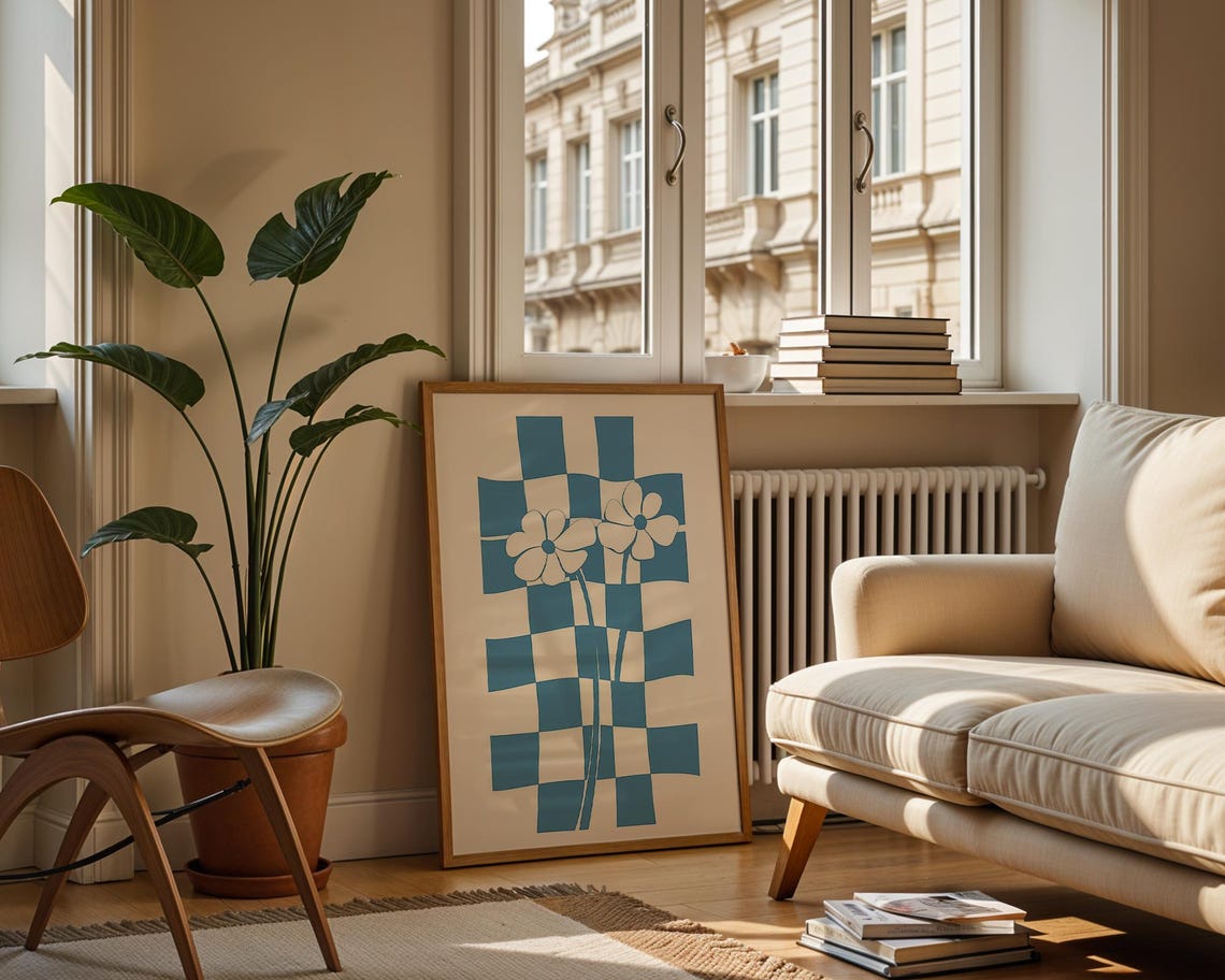 Blue Wavy Checkerboard with White Flowers Retro Boho Art Poster - Image 4